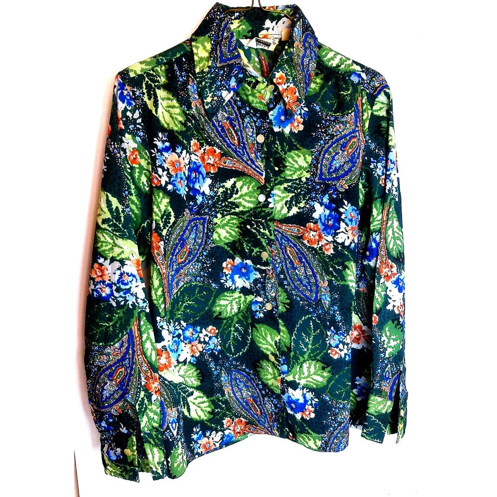 Vtg 70s Kmart Green Floral Paisley Long Sleeve Button Up Blouse Retro Size 36
